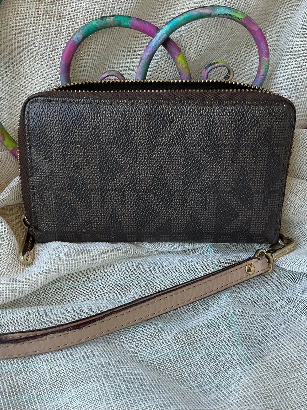 Michael Kors Black Pebbled Leather Wristlet with Gold Plate